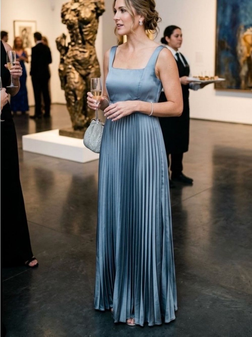 Elegant Grey Pleated Evening Dress